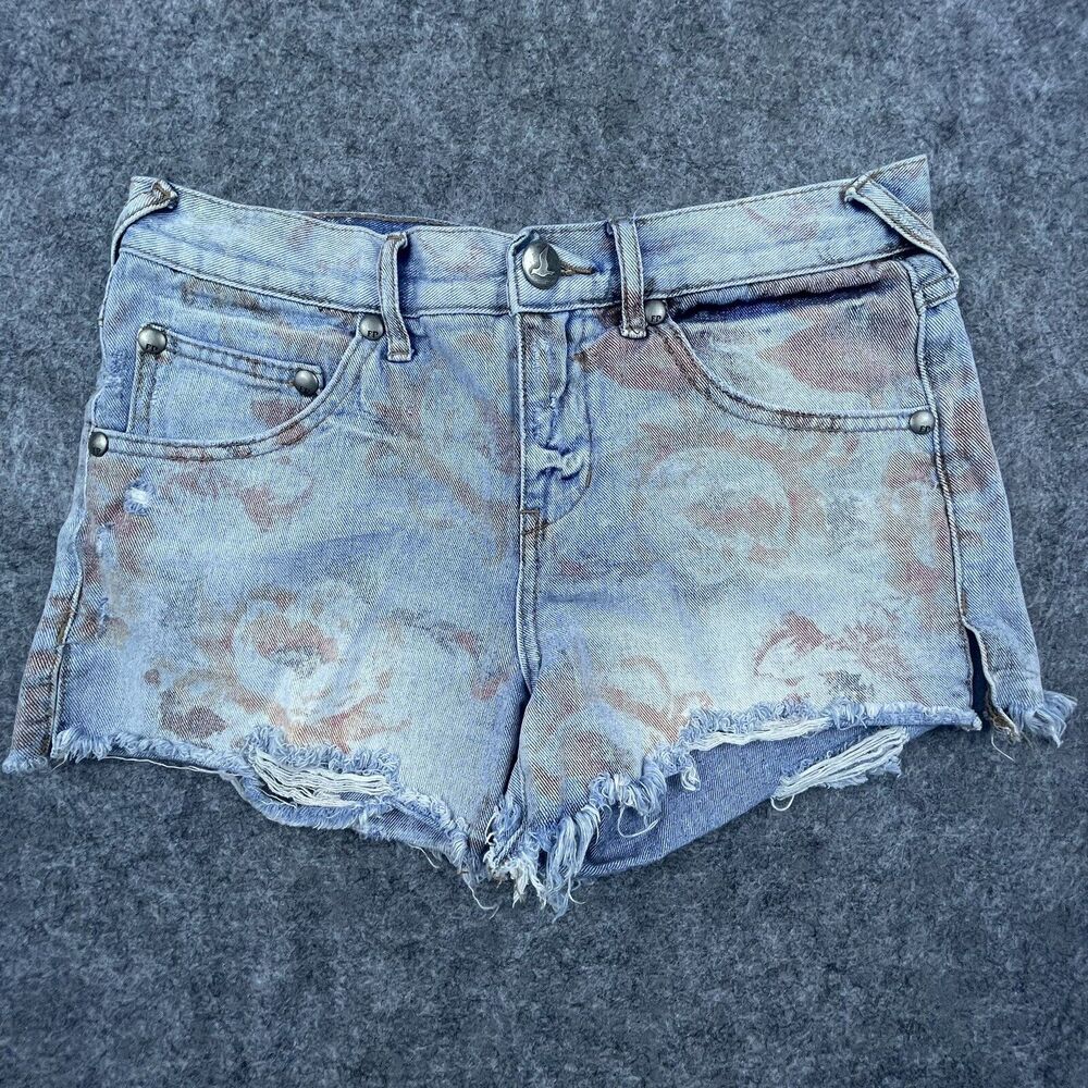 Free‎ People Jean Shorts Womens 26 Denim Cutoffs Thrashed Raw Flowers Frayed